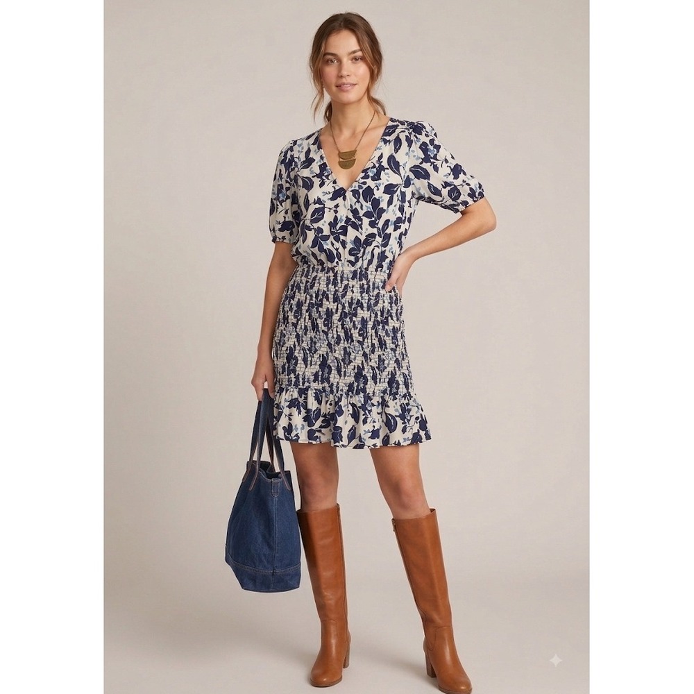 LOVESTITCH Floral Smocked Mini Dress Blue White V-Neck Size M